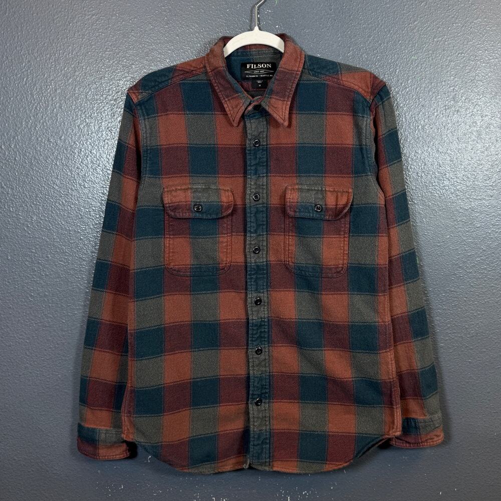 Filson M men’s blue/orange flannel long sleeve button up cotton shirt outdoor